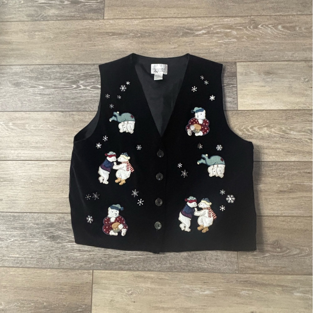 Christopher & Banks Vest Christmas Sz L Black Velvet Polar Bears Grandmacore